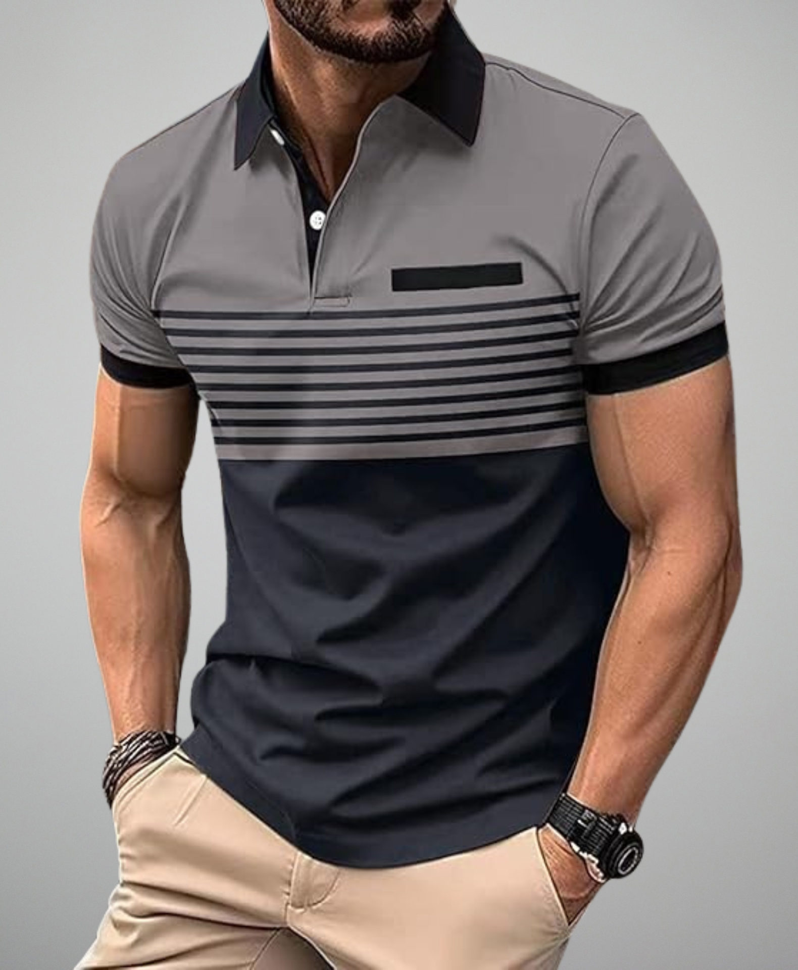 Men's Summer Shirt - Casual & Sporty, Striped Print with Contrast Detail, Short Sleeve, Button-Up Collar, Breathable Polyester Fabric