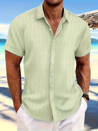 Men's Solid Striped Shirt, Casual Lapel Button Up Short Sleeve Shirt For Outdoor Activities