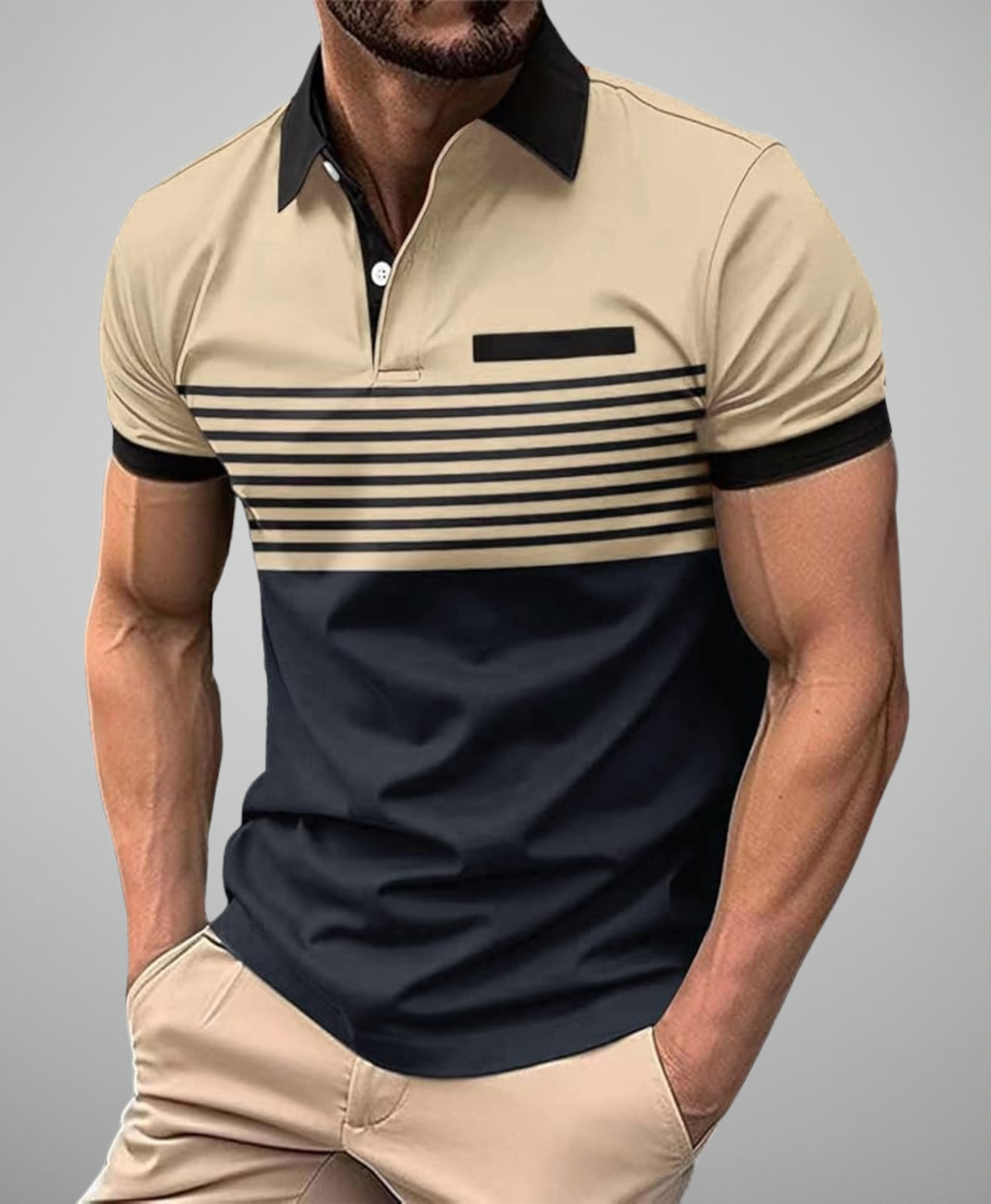 Men's Summer Shirt - Casual & Sporty, Striped Print with Contrast Detail, Short Sleeve, Button-Up Collar, Breathable Polyester Fabric