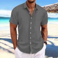 Men's Solid Striped Shirt, Casual Lapel Button Up Short Sleeve Shirt For Outdoor Activities