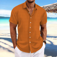 Men's Solid Striped Shirt, Casual Lapel Button Up Short Sleeve Shirt For Outdoor Activities