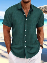 Men's Solid Striped Shirt, Casual Lapel Button Up Short Sleeve Shirt For Outdoor Activities